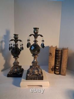 VTG MCM Gothic/Hollywood Regency Style Candle SetSmokey Gray Prisms/Marble Base