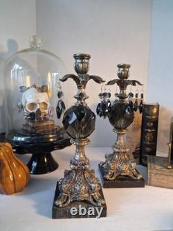 VTG MCM Gothic/Hollywood Regency Style Candle SetSmokey Gray Prisms/Marble Base