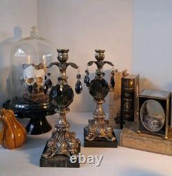 VTG MCM Gothic/Hollywood Regency Style Candle SetSmokey Gray Prisms/Marble Base