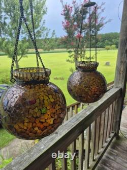 VTG Mosaic Glass Hand Made chain hanging candle holder beautiful pair