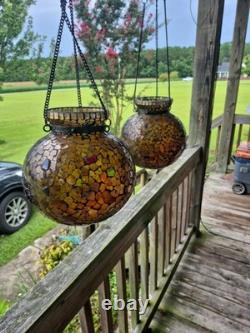 VTG Mosaic Glass Hand Made chain hanging candle holder beautiful pair
