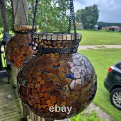 VTG Mosaic Glass Hand Made chain hanging candle holder beautiful pair