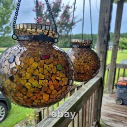 VTG Mosaic Glass Hand Made chain hanging candle holder beautiful pair