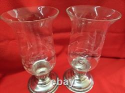 VTG PAIR WALLACE STERLING CANDLE HOLDERS With ETCHED GLASS CHIMNEYS