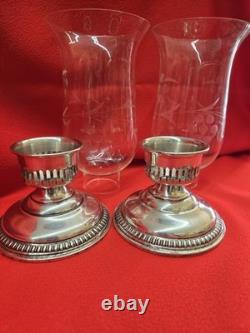VTG PAIR WALLACE STERLING CANDLE HOLDERS With ETCHED GLASS CHIMNEYS