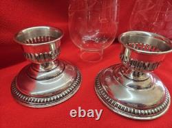 VTG PAIR WALLACE STERLING CANDLE HOLDERS With ETCHED GLASS CHIMNEYS