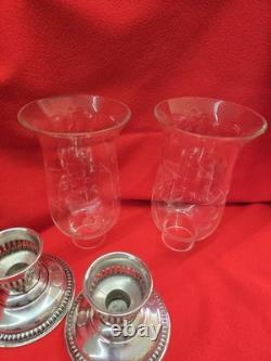 VTG PAIR WALLACE STERLING CANDLE HOLDERS With ETCHED GLASS CHIMNEYS