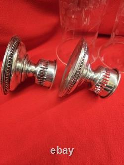 VTG PAIR WALLACE STERLING CANDLE HOLDERS With ETCHED GLASS CHIMNEYS