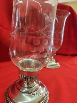 VTG PAIR WALLACE STERLING CANDLE HOLDERS With ETCHED GLASS CHIMNEYS