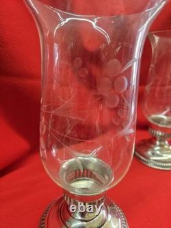 VTG PAIR WALLACE STERLING CANDLE HOLDERS With ETCHED GLASS CHIMNEYS