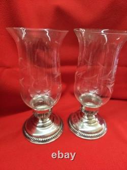VTG PAIR WALLACE STERLING CANDLE HOLDERS With ETCHED GLASS CHIMNEYS