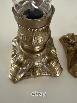 VTG Pair French Empire Hollywood Regency Glass & Brass Candle Holders