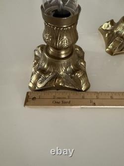 VTG Pair French Empire Hollywood Regency Glass & Brass Candle Holders