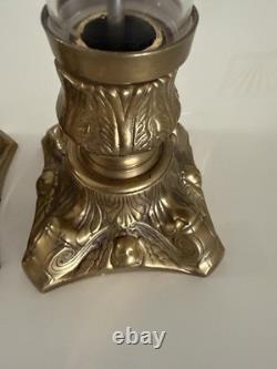 VTG Pair French Empire Hollywood Regency Glass & Brass Candle Holders