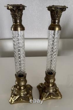 VTG Pair French Empire Hollywood Regency Glass & Brass Candle Holders