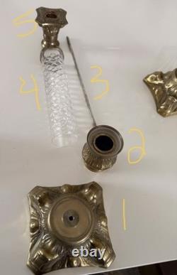 VTG Pair French Empire Hollywood Regency Glass & Brass Candle Holders