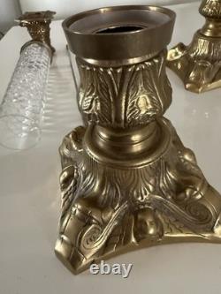 VTG Pair French Empire Hollywood Regency Glass & Brass Candle Holders
