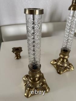 VTG Pair French Empire Hollywood Regency Glass & Brass Candle Holders