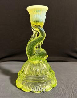 Vaseline Glass Dolphin Candlestick Candle Holder Yellow UV Reactive Decorative
