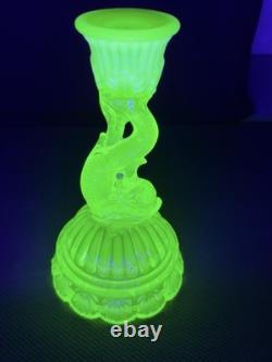 Vaseline Glass Dolphin Candlestick Candle Holder Yellow UV Reactive Decorative