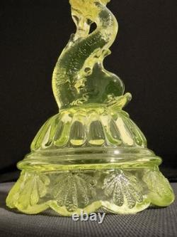 Vaseline Glass Dolphin Candlestick Candle Holder Yellow UV Reactive Decorative