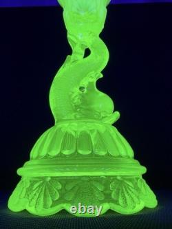 Vaseline Glass Dolphin Candlestick Candle Holder Yellow UV Reactive Decorative