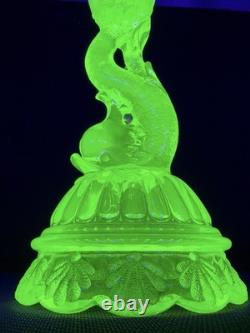 Vaseline Glass Dolphin Candlestick Candle Holder Yellow UV Reactive Decorative