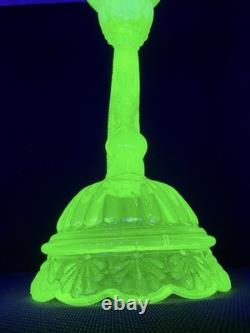 Vaseline Glass Dolphin Candlestick Candle Holder Yellow UV Reactive Decorative
