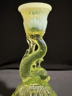 Vaseline Glass Dolphin Candlestick Candle Holder Yellow UV Reactive Decorative
