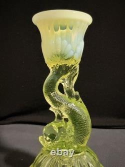 Vaseline Glass Dolphin Candlestick Candle Holder Yellow UV Reactive Decorative