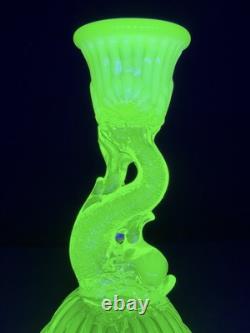 Vaseline Glass Dolphin Candlestick Candle Holder Yellow UV Reactive Decorative