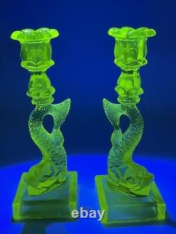 Vaseline Glass Koi Fish Dolphin Candle Holder Uranium MMA Imperial Pair