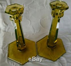 Vaseline Glass MOSER Candlestick Set -2- Very Unique Hexagonal 1920's Rare Heavy