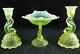Vaseline Green Yellow Glass Northwood Dolphin Candlesticks Compote Set Good Cond