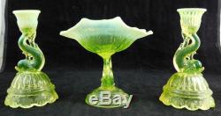 Vaseline Green Yellow Glass Northwood Dolphin Candlesticks Compote Set GOOD COND