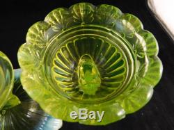 Vaseline Green Yellow Glass Northwood Dolphin Candlesticks Compote Set GOOD COND