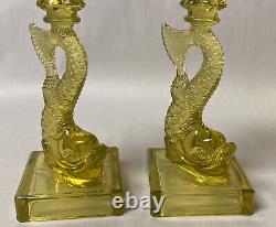 Vaseline Uranium Imperial Glass Fish Dolphin Candlesticks Candle Holders MMA