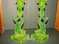Vaseline uranium Dolphin glass candlestick holders by imperial marked m. M. A