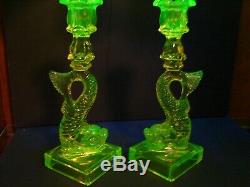 Vaseline uranium Dolphin glass candlestick holders by imperial marked m. M. A