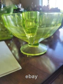 Vaseline uranium glass fruit bowl with elephant candle holders