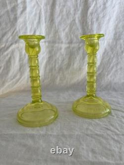 Vaseline yellow glass pillar candlestick holders