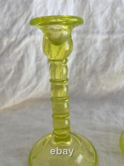 Vaseline yellow glass pillar candlestick holders