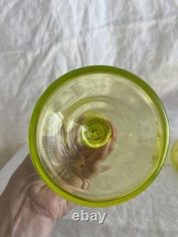 Vaseline yellow glass pillar candlestick holders