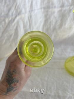 Vaseline yellow glass pillar candlestick holders