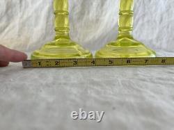 Vaseline yellow glass pillar candlestick holders
