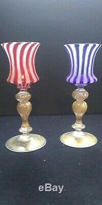 Venetian MURANO Art Glass Candlestick pair one red one blue gold adventurrine
