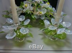 Venetian Murano Glass Centerpiece Candlestick Flower Floral White green Yellow
