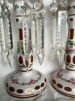 Venetian White To Cranberry Hand Painted Murano Mantle Lusters Candleholders