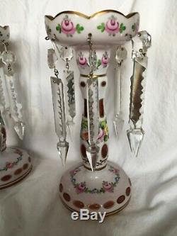 Venetian White To Cranberry Hand Painted Murano Mantle Lusters Candleholders
