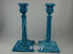 Very Rare Pair Antique Sowerby Turquoise Malachite Slag Glass Tall Candlesticks